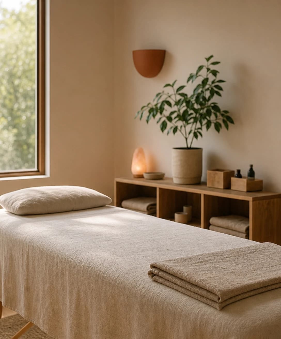 A calm, empty treatment room in warm morning light