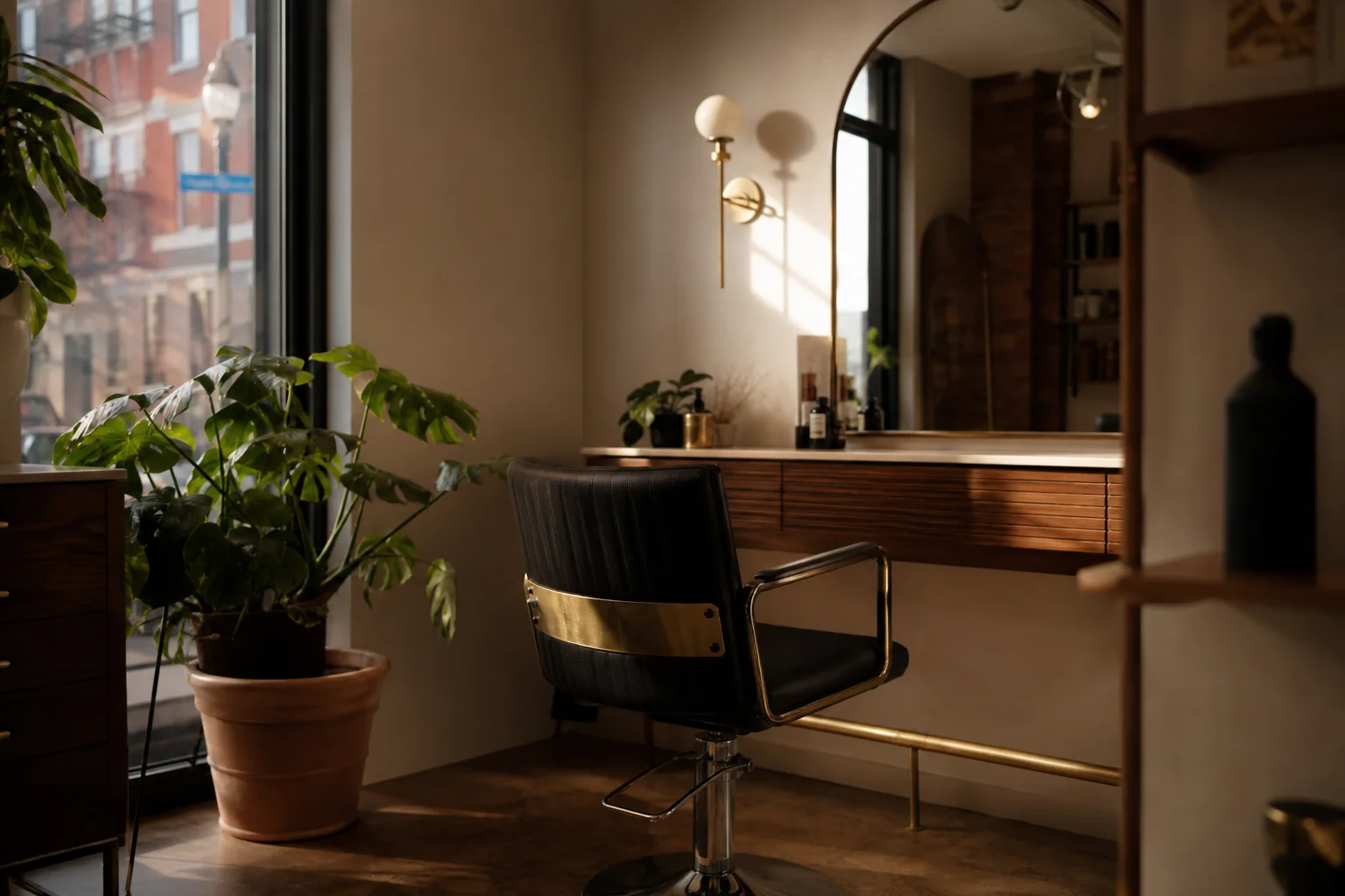 A small independent salon interior in warm morning light